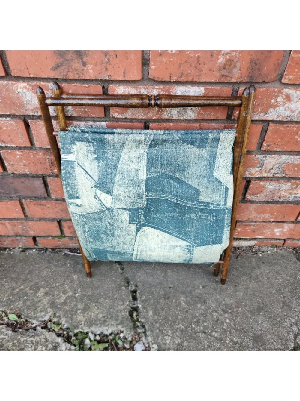 Vintage Folding Yarn Caddy Basket w/ Green Abstract Canvas Print and Wood Frame